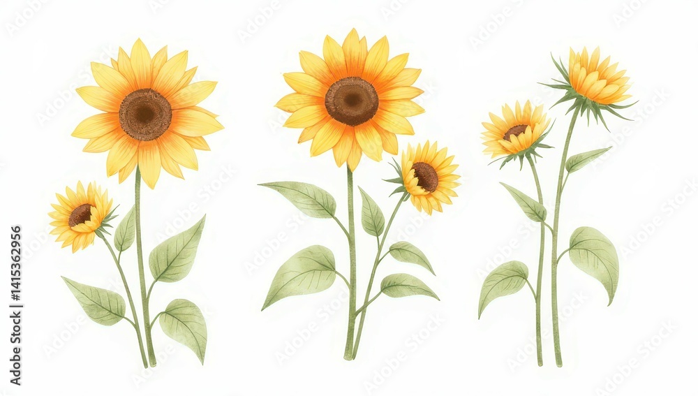 Watercolor Sunflowers Collection: Blooming Summer Flowers