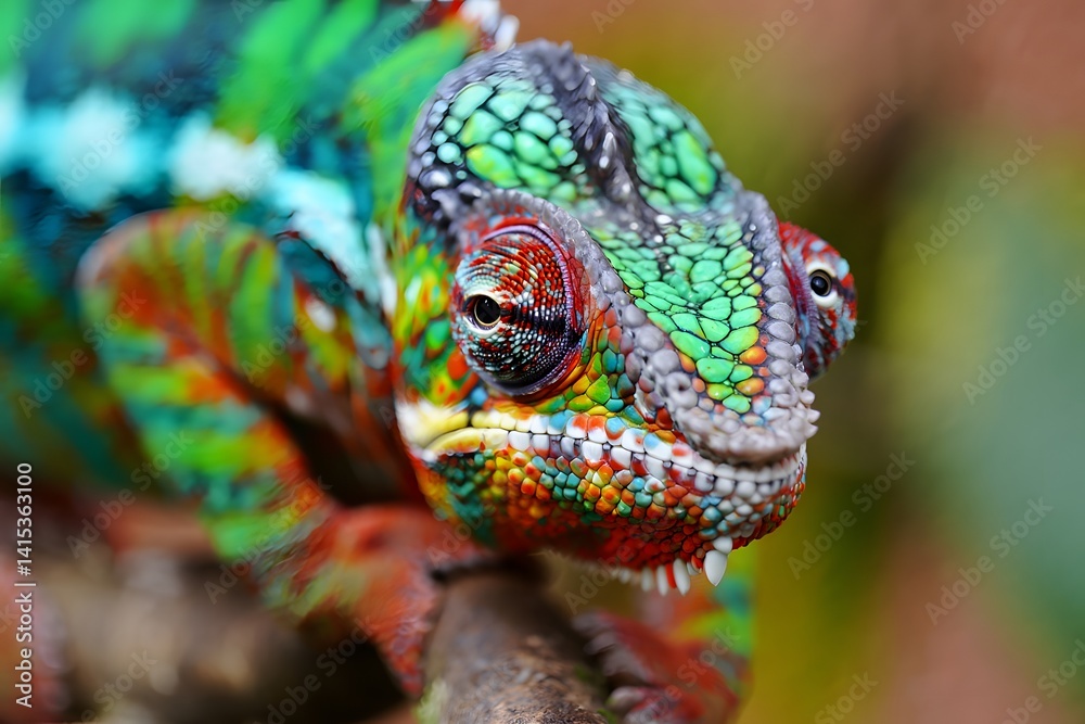 Obraz premium A vibrant close-up of a chameleon showcases the intricate beauty of its multicolored skin and unique features. With intense details revealing its amazing adaptability in nature.