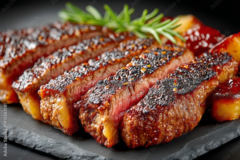 Perfectly Cooked Sliced Steak on Slate Stone - A Culinary Masterpiece Perfectly Cooked Sliced Steak on Slate Stone - A Culinary Masterpiece