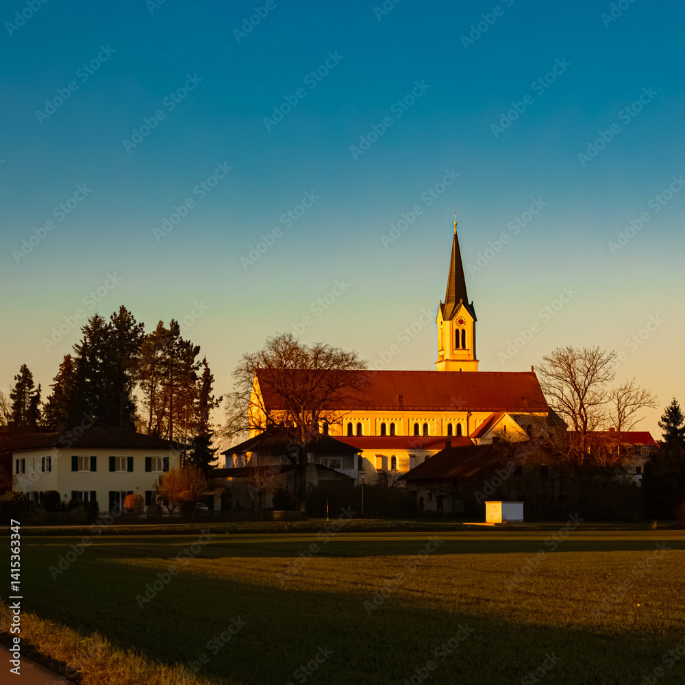 Winter view near sunset or sundowner with a church near Otzing, Deggendorf, Bavaria, Germany