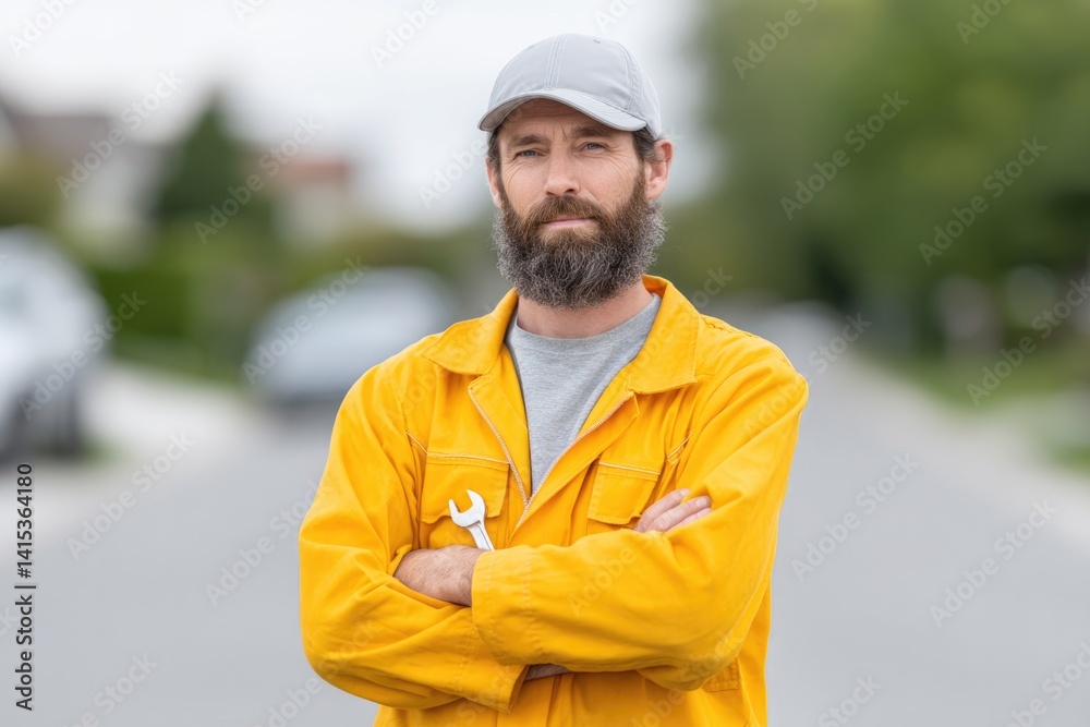 maintenance technician in bright uniform confidently holding wrench stands against blurred suburban street background maintenance technician in bright uniform confidently holding wrench stands against blurred suburban street background