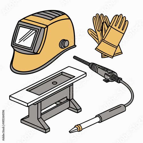 Welding Equipment Illustrated With Welding Mask Gloves And Table On White