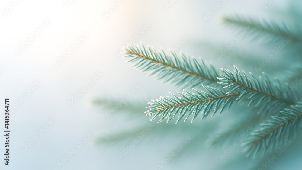Fototapeta premium Minimal Fir Branch Close-Up With Soft Light And Frosty Tones For Winter Design. Concept Of Nature-Inspired Christmas Backgrounds, Seasonal Calm, Eco Holiday Aesthetics, And Nature Visual Balance