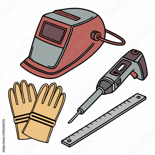 Welding Equipment Tools And Safety Gear With Welding Gloves And Metal Ruler