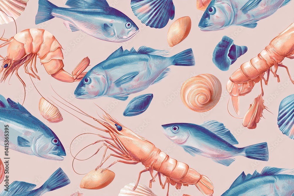 Artistic seafood pattern for packaging - prawns, shells, fish in pastel tones
