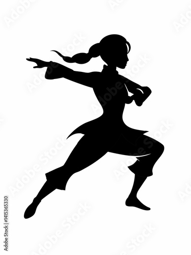 Woman silhouette kung fu vector black on white background.