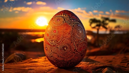 Vibrant sunset-lit Easter egg featuring traditional indigenous dot painting in warm tones