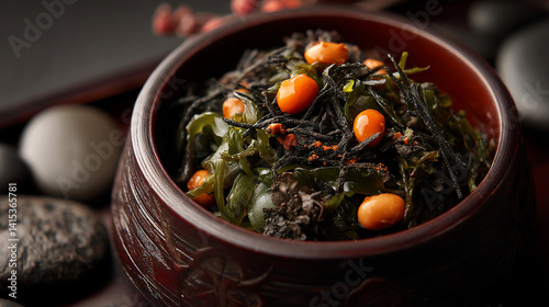 Obraz na płótnie Hijiki seaweed salad with soybeans and carrots bento w salonie
