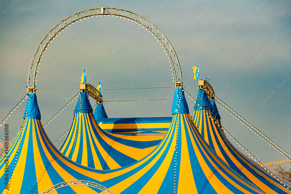 Yellow blue circus tents on a sunny winter day at Straubing, Straubing-Bogen, Bavaria, Germany