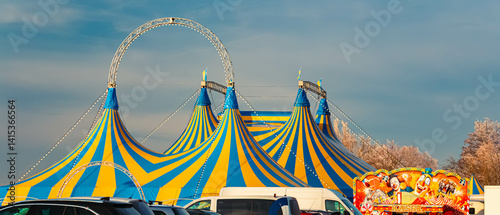 Obraz na płótnie Yellow blue circus tents on a sunny winter day at Straubing, Straubing-Bogen, Bavaria, Germany w salonie