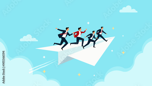 Group of business people running on a paper plane, symbolizing ambition, teamwork, leadership, and progress. Concept of fast growth, innovation, and achieving goals together