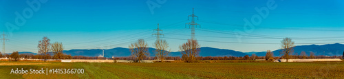 Obraz na płótnie High resolution stitched winter panorama with the Bavarian Forest in the background near Tabertshausen, Aholming, Deggendorf, Bavaria, Germany w salonie