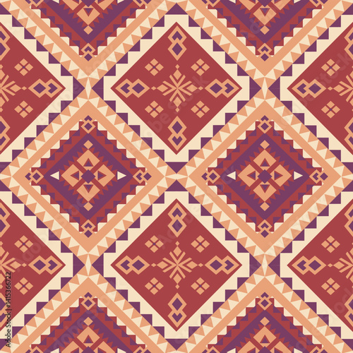 Mesmerizing tribal pattern featuring alternating burgundy and purple diamond motifs with intricate geometric symbols. Perfect for culturally-inspired textile and decor projects.