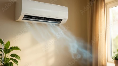 Wall-mounted air conditioning unit blowing cold air into a well-lit living room with houseplants and natural sunlight.
