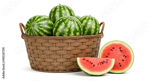 Wallpaper Mural watermelons in a large basket with a cut watermelon placed next to it, isolated on a white background Torontodigital.ca