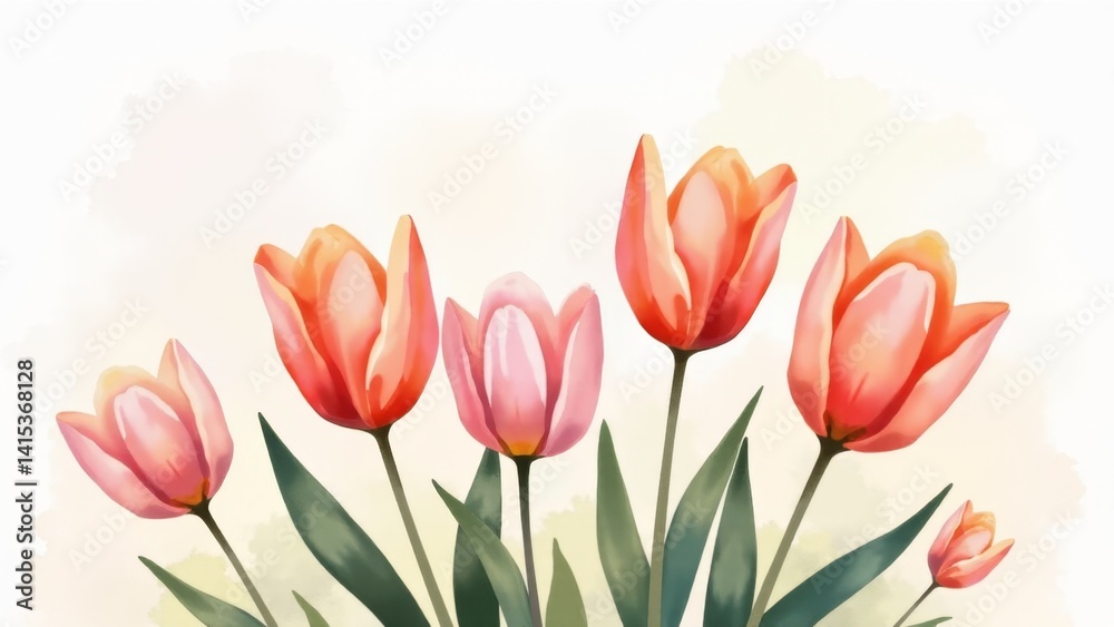 Fototapeta premium Watercolor Illustration Of Pink And Orange Tulips