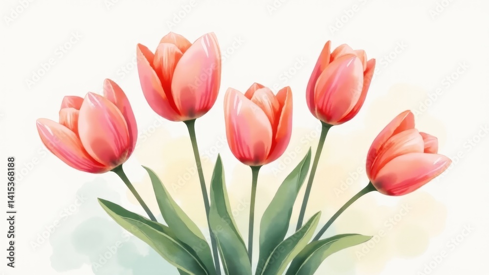 Fototapeta premium Five Pink Tulips In Watercolor Style