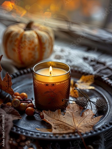 Autumn candle on windowsill photo