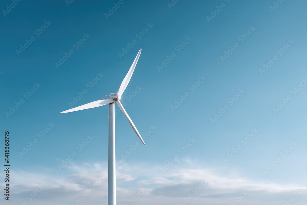 minimalist image of solitary modern wind turbine standing tall against clear blue sky symbolizing renewable energy