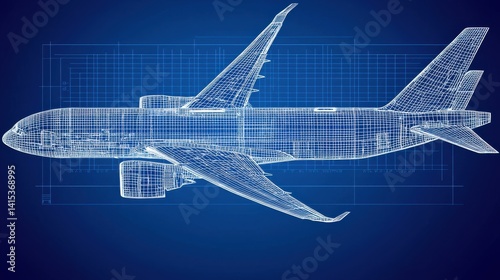 Detailed blueprint of an airplane showcasing its design and internal structure on a blue grid background.