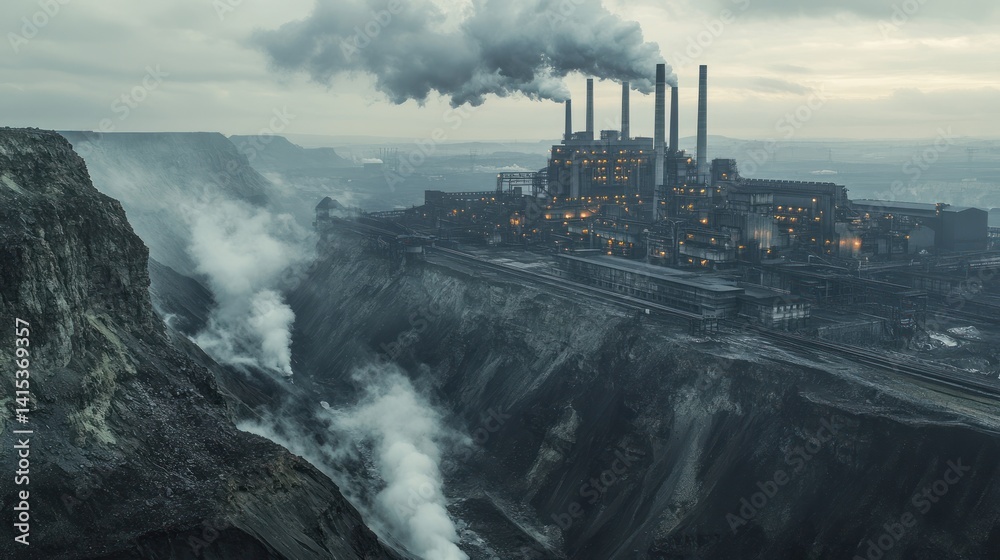 Fototapeta premium Industrial landscape with smokestacks and foggy hills