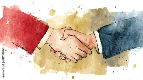 A watercolor illustration of two hands shaking, symbolizing agreement, partnership, or collaboration.