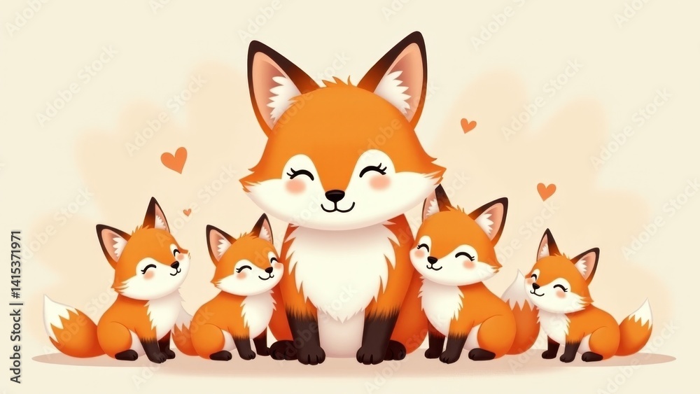 Fototapeta premium Cartoon Fox Family Illustration With Hearts
