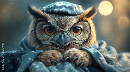 A grumpy owl in pajamas and a nightcap perched on a crescent moon