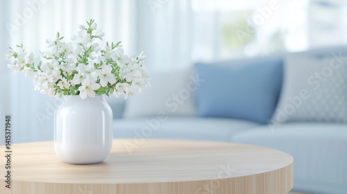 Wallpaper Mural A serene living room with a vase of white flowers on a wooden table Torontodigital.ca