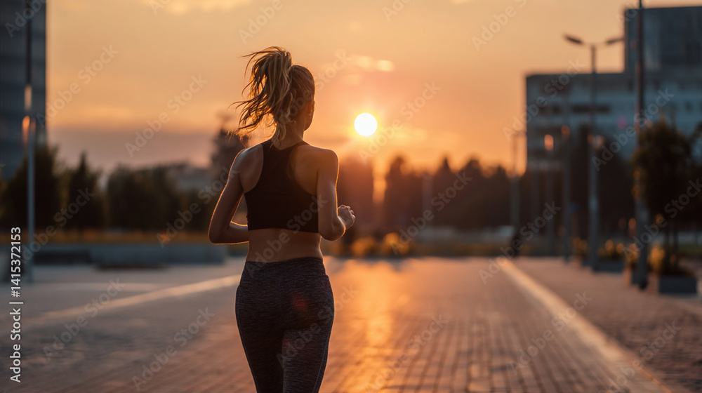 Fototapeta premium Urban Fitness at Sunset: Woman Running Outdoors for Health and Motivation