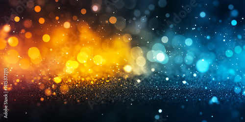 Colorful abstract bokeh background with vibrant orange and blue lights, blending sparkle, energy, and depth in a festive and futuristic digital style.