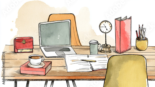 A cozy workspace illustration featuring a laptop, a cup of coffee, stationery, and a clock, creating an inviting atmosphere for productivity.