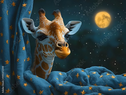 Giraffe in Pajamas Peeking Through a Starry Window