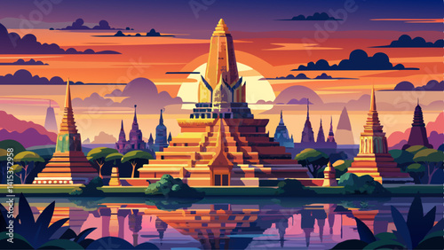 Wat Arun panorama view at sunset, A Buddhist temple in Bangkok, Thailand, Wat Arun is one of the most well known of Thailand's landmarks
