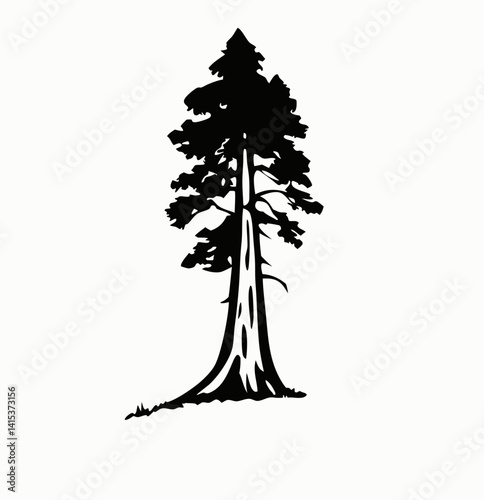 Redwood tree vector silhouette, black and white