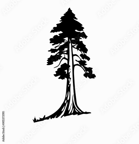 Redwood tree vector silhouette, black and white