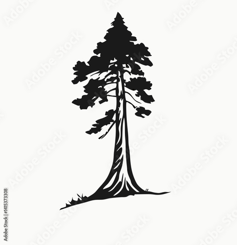 Redwood tree vector silhouette, black and white