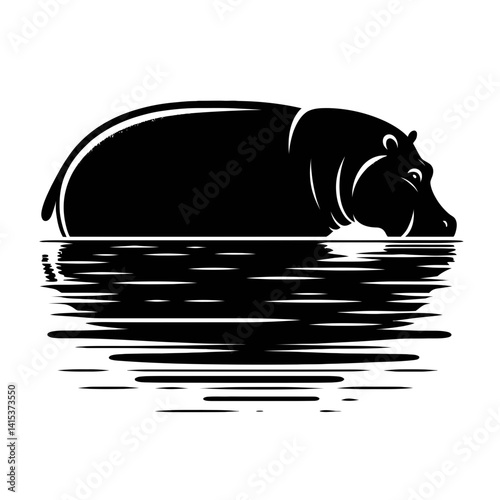 Serene Hippo in Water: Silhouette of a majestic hippopotamus gracefully submerged in tranquil water, an illustration of the quiet power and beauty of African wildlife.