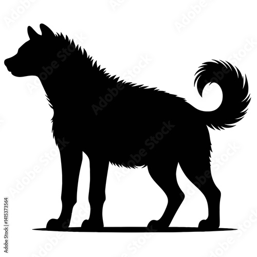 African hyena Silhouette: A powerful silhouette of an African wild dog, showcasing its muscular build and distinctive curled tail against a clean background.  
