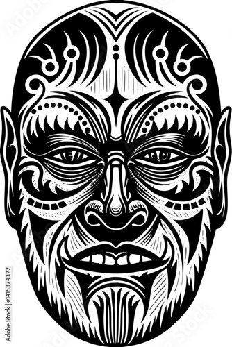 Expressive tribal mask with sharp eyes, a toothy grin, and swirling tattoo-like patterns. The dynamic design combines intensity and playfulness, reflecting a spirited cultural essence.