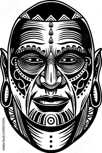 Elegant tribal mask with calm eyes, bold facial patterns, and symbolic markings. The design radiates wisdom and cultural pride through its balanced and refined details.