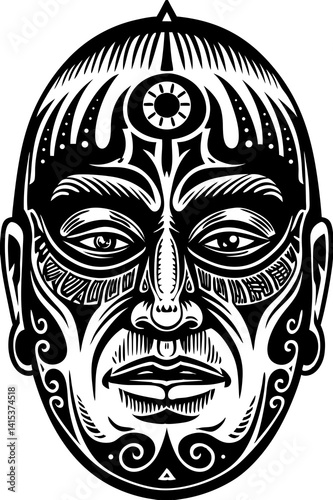 A mystical face adorned with celestial and tribal markings, including a prominent sun symbol on the forehead. Calm eyes and symmetrical patterns evoke wisdom and spiritual enlightenment.