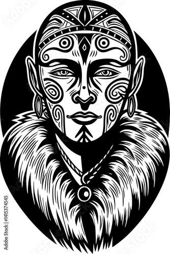 A striking portrait of a tribal figure with swirling facial tattoos, elegant jewelry, and a thick fur cloak. The symmetrical design and calm expression convey a sense of nobility and spiritual strengt