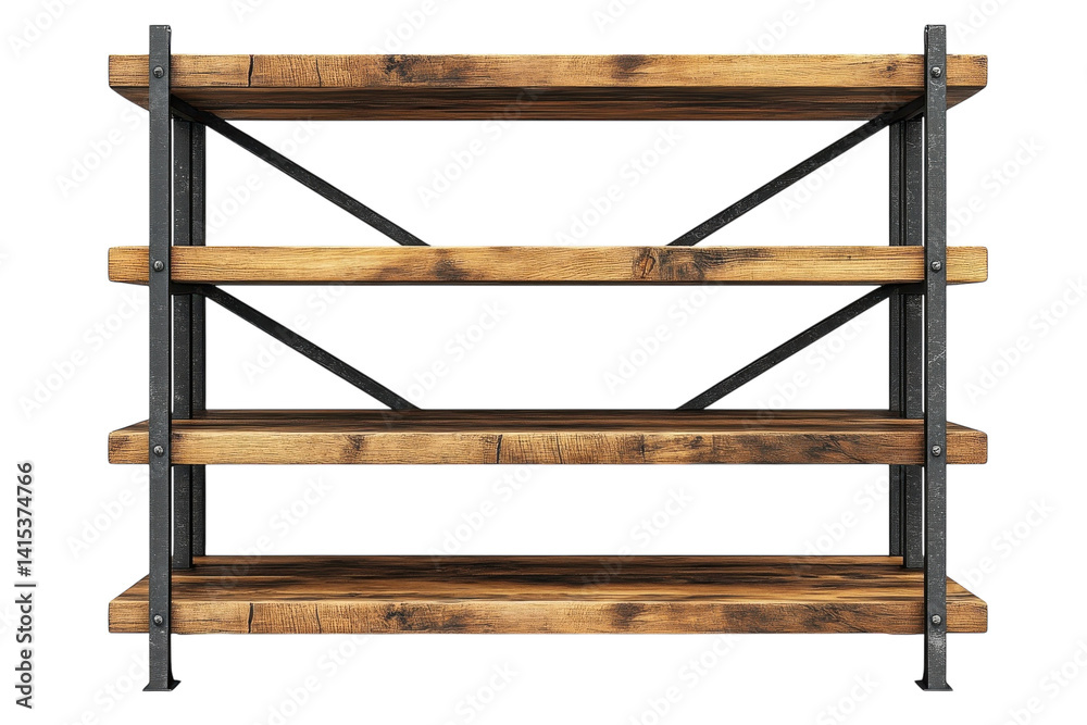 Rustic industrial four shelf wooden bookcase with black metal frame against a black background showcasing its sturdy construction and on transparent background Rustic industrial four shelf wooden bookcase with black metal frame against a black background showcasing its sturdy construction and on transparent background