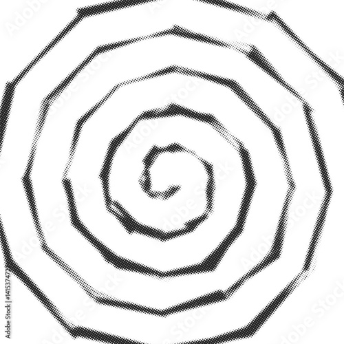 Abstract comic edgy halftone black hypnotic circle shape isolated on background. The design features a psychedelic spiral line and a twirl spiral element. Optical illusion style. Vector illustration