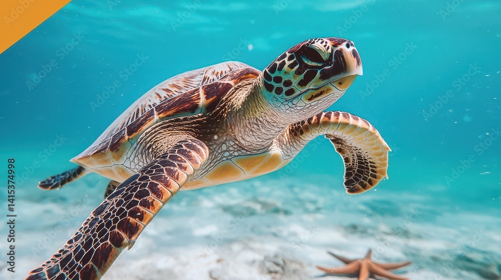Fototapeta premium Majestic Sea Turtle Swimming Among Coral with Starfish Below
