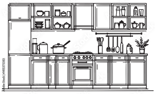 Kitchen interior sketches hand drawing front view. Contour silhouette furniture