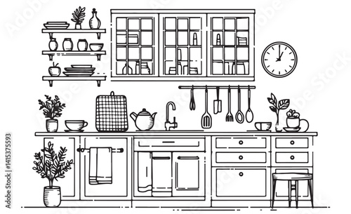 Kitchen interior sketches hand drawing front view. Contour silhouette furniture
