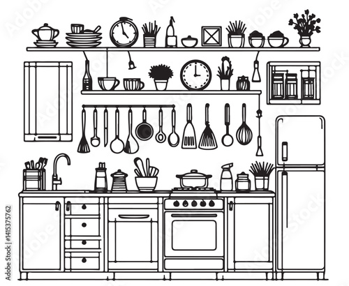 Kitchen interior sketches hand drawing front view. Contour silhouette furniture
