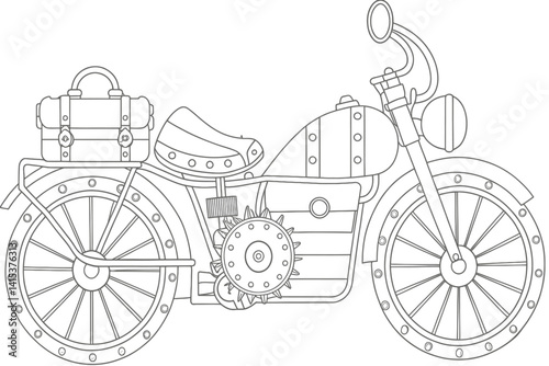 Steampunk Motorcycle Line Art for Coloring Book